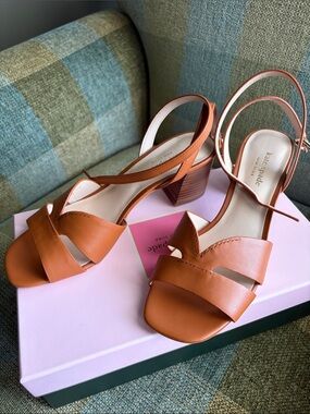 kate spade Cognac Leather Block Heel Slingback Sandals